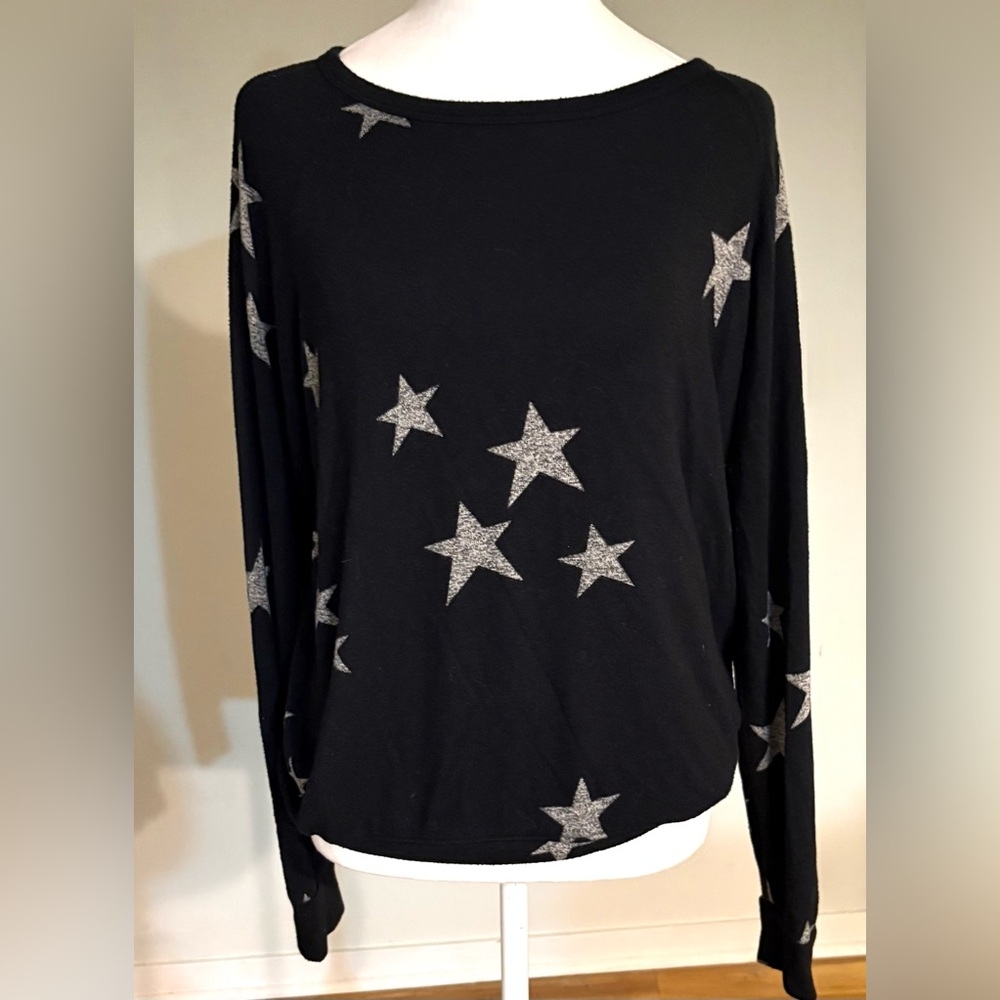 Star Print Cozy Crewneck Top, Black and Gray, Size XS